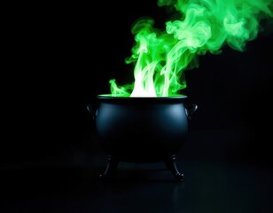 Witch's Black Cauldron with Glowing Green Smoke and Copy Space on Dark Studio Background
