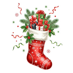Festive Cheer: A vibrant Christmas stocking overflowing with colorful presents and seasonal greenery. Embracing the magic of the holiday, evoking warmth, and the joy of giving.