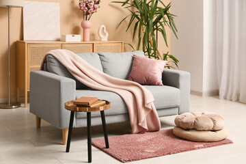 Grey sofa with coral cushion and plaid in interior of living room