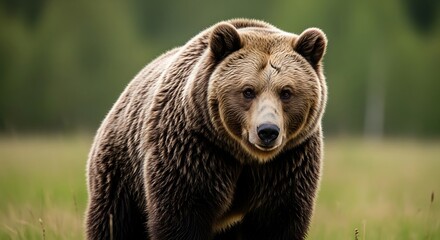 Fototapeta premium Grizzly Bear Stares Intently in Natural Habitat, Wildlife Photography.
