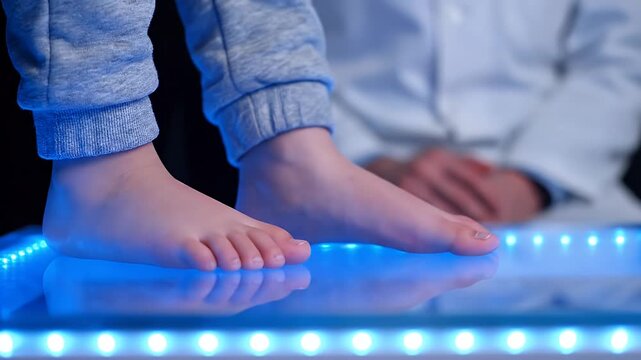 Close up of a childs bare feet standing on a reflective surface with blue LED lights and a doctor wearing a white coat in the background during a medical examination focused on foot health