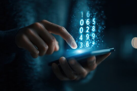 Advanced Cybersecurity System Digital Data Protection with Futuristic Numbers Display on Mobile Phone Innovative Security Access Verification Using Smartphone Mobile Application Secure Access on Phone