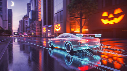 Transparent ghost car speeding through neon streets, glowing headlights, holographic reflections