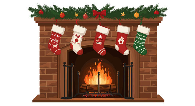 Festive fireplace with christmas stockings and holiday decorations