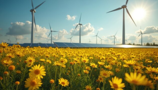 Yellow flowers grow in a field with wind turbines and solar panels under a blue sky. Nature and technology merge for clean energy production.