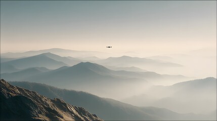 cinematic wide shot of drone flying over rugged mountain terrain during patrol