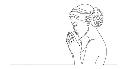 Elegant woman in thoughtful prayer, a serene illustration crafted with one continuous line, embodying peace and spiritual reflection and minimalist artistry