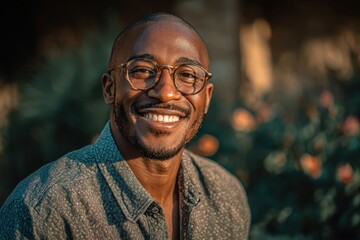 Fototapeta premium Smiling man with glasses outside, bokeh background, radiates positivity. Showcase authentic joy, great for well-being or lifestyle content.