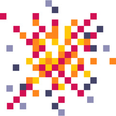 Abstract pixel art explosion in vibrant red orange yellow and blue on a clean white background creating a dynamic and energetic visual effect
