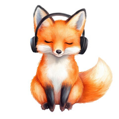 Obraz premium Melodic Fox's Serenity: A cute fox embraces tranquility, immersed in music. The fox wears headphones, showcasing the blend of nature's beauty and musical escape.