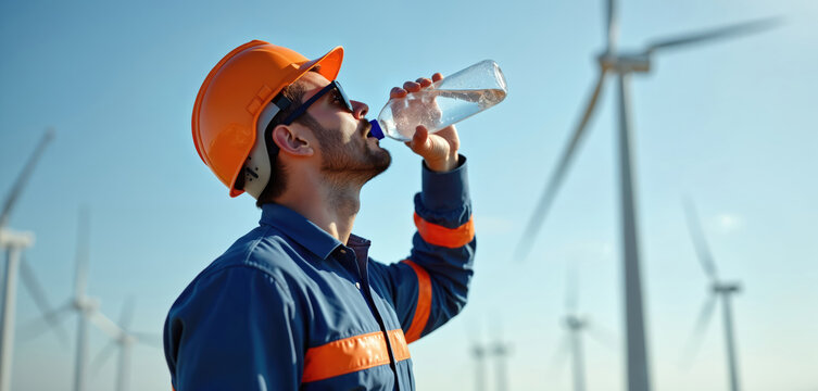 Male construction worker in hard hat drinks water from bottle. He works outdoors near wind turbines on a sunny day, wearing safety glasses and blue orange uniform. - Powered by Adobe