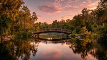 Serene panoramic view of a wooden bridge arching over a tranquil lake, reflecting the vibrant sunrise. Lush trees surround