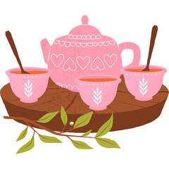 Charming Pink Tea Set With Two Cups And A Teapot Displayed On A Wooden Tray With A Delicate Branch And Leaves In A Whimsical Flat Design Style