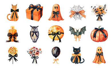 Obraz premium PNG Halloween-themed watercolor illustrations, element set on transparent background