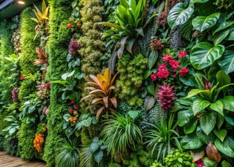 Fototapeta premium Vertical lush green wall with exotic tropical flowers and leaves in a modern indoor setting
