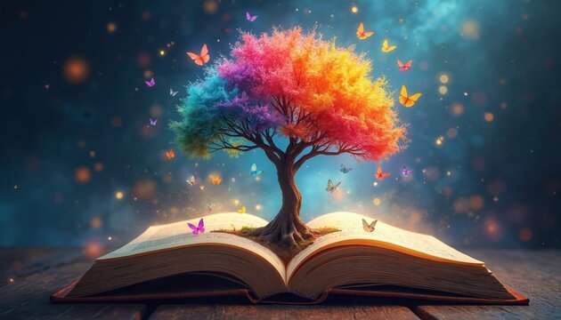Tree of knowledge with colorful leaves grows from open book. Butterflies fly around. Image symbolizes imagination, learning, and stories unfolding into a vibrant world. Magical fantasy art.