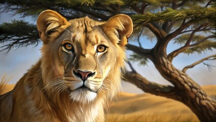 Fototapeta premium Majestic female lioness with golden fur and piercing eyes in the shade of an acacia tree