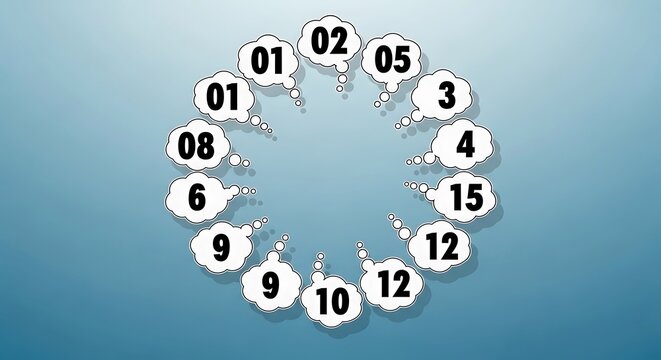 Circular Arrangement of Numbers in Cloud-Shaped Speech Bubbles.