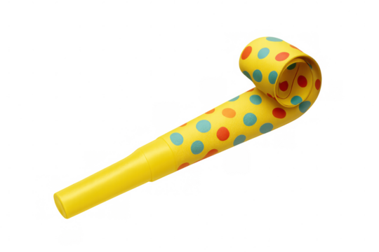 Yellow party blower with colorful polka dots, celebrating happiness and fun moments, creating festive atmosphere