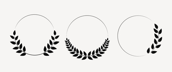Minimal Laurel Wreath Trio – 3 Black Circular Emblems with Varied Leaf Arrangements on White Background