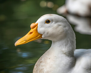 Elegant white duck portrait with vibrant yellow bill in tranquil pond setting, a beautiful nature scene perfect for conservation and wildlife projects