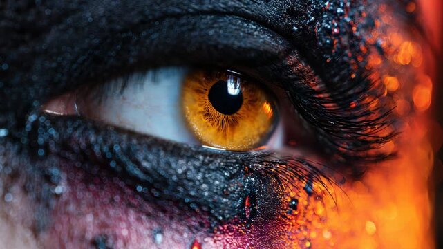 A mesmerizing close-up showcases a beautifully painted eye with artistic makeup and vivid colors