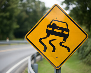 Drive safely ahead with a vibrant yellow slippery when wet road warning, perfect for safety campaigns and automotive industry promotions