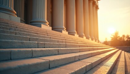 Fototapeta premium Stone steps ascend to grand building with classical columns. Soft morning sun casts long shadows on impressive stairs. Golden light bathes historic architecture, justice, law, new beginnings, hope.