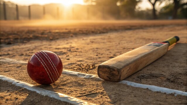Shiny red cricket ball and wooden bat on a sandy pitch