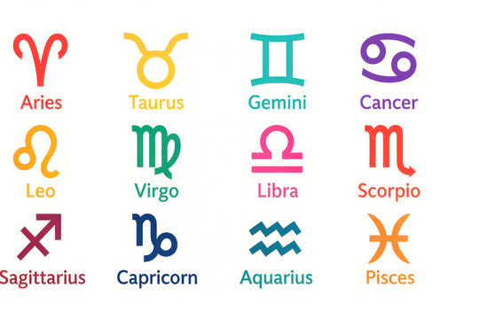 Zodiac signs with colorful symbols and names