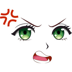 Anime Eyes Expressing Anger With Red Vein Markings And Open Mouth White Background Isolated