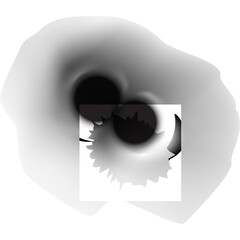 Abstract swirling grayscale pattern with dark circular voids and a rough-edged square overlay creating a surreal visual effect