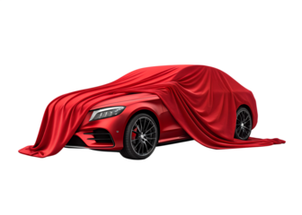 Luxury red car unveiling with flowing fabric draped over its sleek design isolated on transparent background