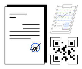 Document with signature, QR code, and analytics chart on clipboard. Ideal for digital transformation, electronic contracts, smart authentication, remote verification, workflow tracking, business