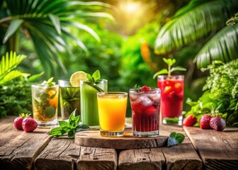 Fototapeta premium Vibrant drinks on a reclaimed wood table amidst lush greenery