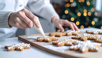 Hands expertly decorating festive gingerbread cookies with intricate white icing for a joyful holiday season celebration