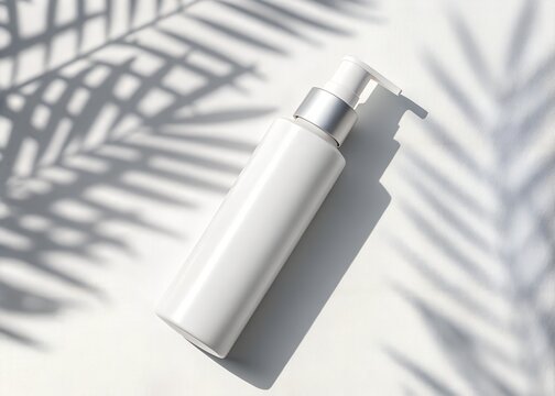 Minimalist white pump bottle casting dramatic leaf shadow on a bright white background for beauty product advertising
