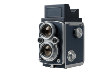 Isolated twin lens reflex camera. Medium format photographic device. Stylish old-fashioned design