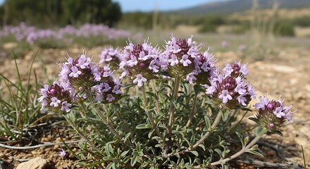 Blooming Thyme in the Field - Aromatic Purple Flowers in Focus.