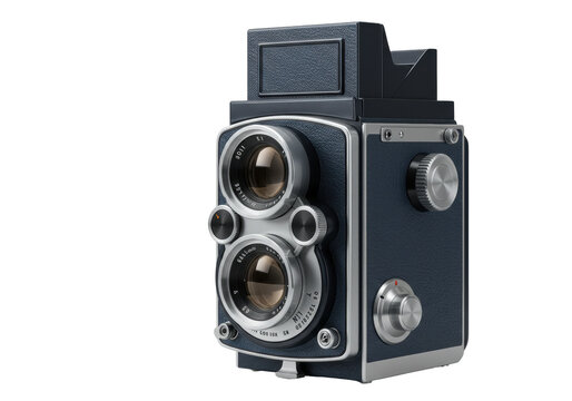 Isolated twin lens reflex camera. Medium format photographic device. Stylish old-fashioned design