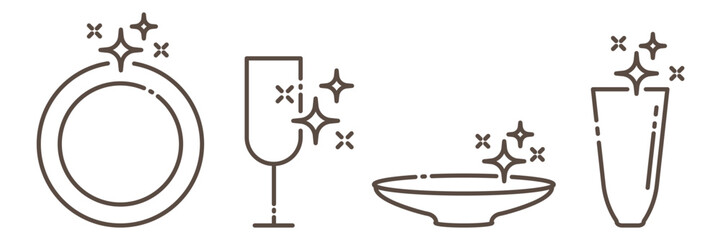 Clean dishes and glasses line icon set isolated on transparent background. Perfect for kitchen, dishwashing, hygiene, and household cleaning themes. Editable stroke.