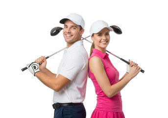 A smiling man woman in golf attire holding clubs, isolated on transparent background