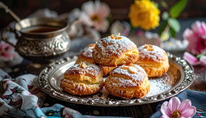 Golden Pastries Dusted with Powdered Sugar and Almond Slices Served on an Ornate Silver Platter with Pink Flowers and a Cup of Coffee in Soft Window Light