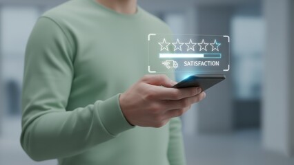 Man holding smartphone with glowing five stars rating bar and delivery truck icon and text satisfaction, customer feedback, positive review rating