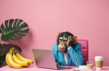 Stressed monkey in suit works on laptop with bananas. Chimpanzee looks frustrated at desk. Animal faces challenges in business. Funny surreal animal works as manager in corporate office.