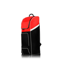 Fototapeta premium Large red and black sports backpack isolated on white background, featuring spacious zip compartments and durable design for travel, gym, and athletic equipment.
