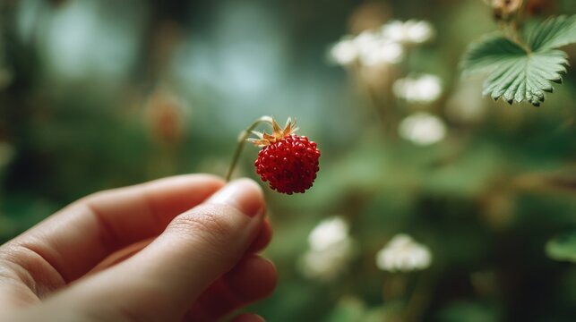 Close-Up Of A Hand Holding A Red Wild Strawberry In A Lush Garden - Powered by Adobe