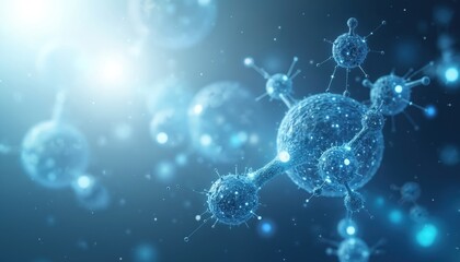 Blue and white abstract background with glowing particles and molecules. Medical research, science, and tech concepts are visually represented in this clean digital design. Futuristic elements abound.