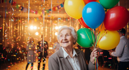 Retirement celebration with balloons and elderly person smiling in festive event hall, joyful milestone celebration