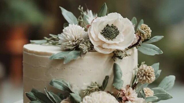A beautifully crafted tiered cake is elegantly decorated with an array of fresh, delicate white and cream-colored flowers and lush green foliage, suggesting a sophisticated celebration. The cake featu